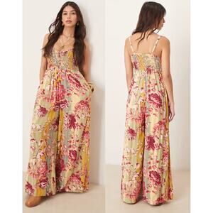 NWT Free People Melrose Floral Smocked  V-Neck Wide Leg Jumpsuit Warm Combo M, L